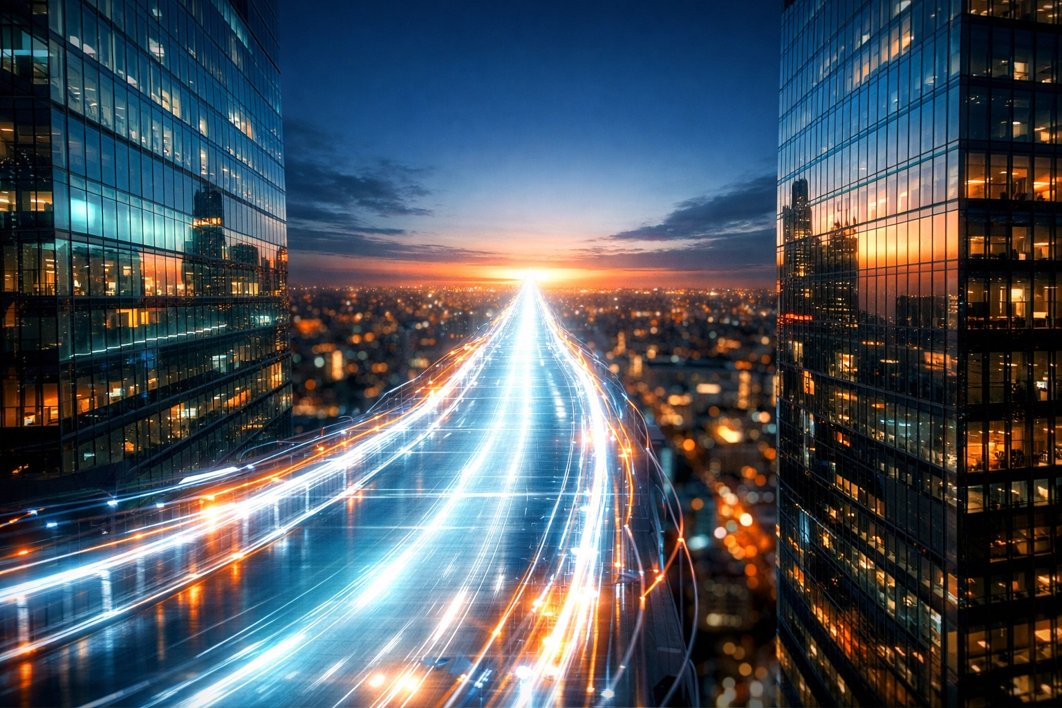 Glowing bridge between skyscrapers representing strategic solutions for bridging business cash flow gaps.