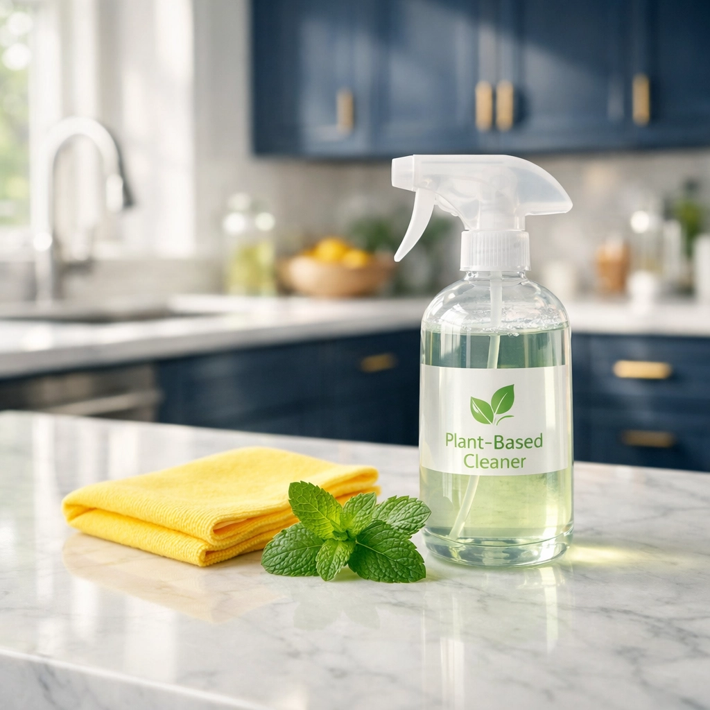 Eco-friendly cleaning products on a kitchen counter demonstrating professional house cleaning standards.
