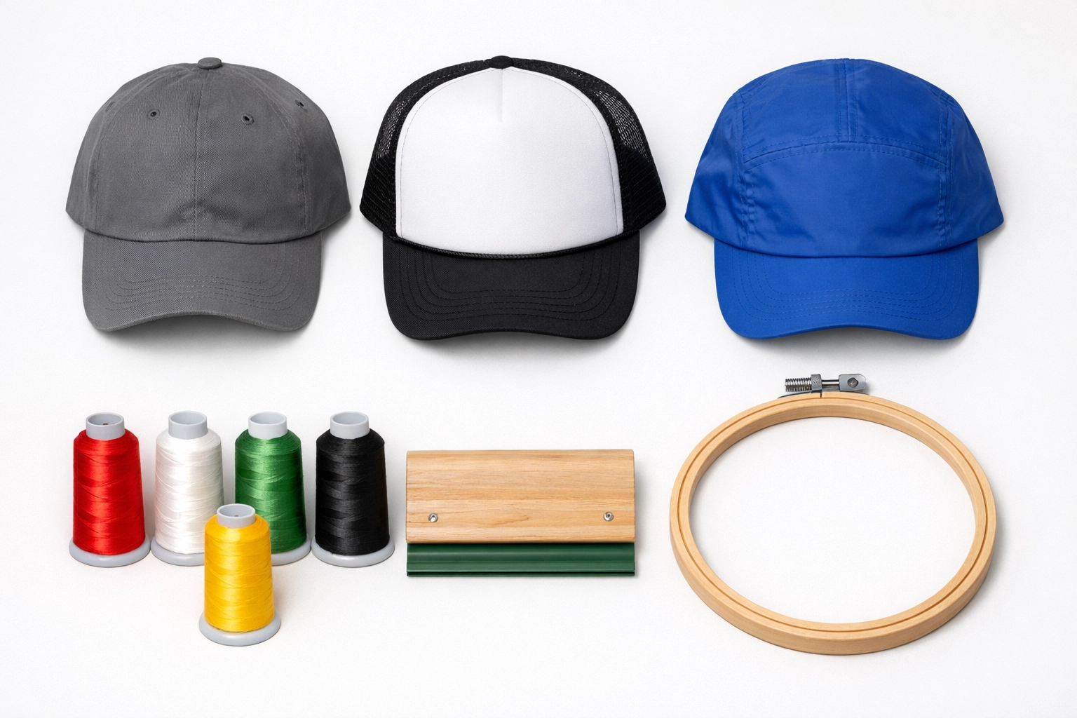 Various hat fabrics and materials for custom embroidery and transfer projects