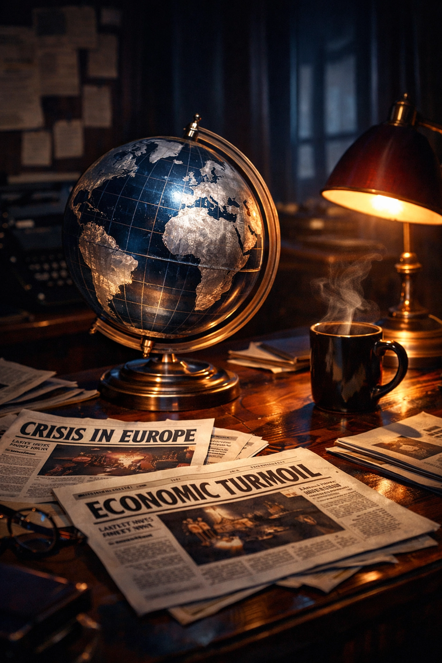 Newsroom desk with illuminated globe and newspapers for daily news reflection