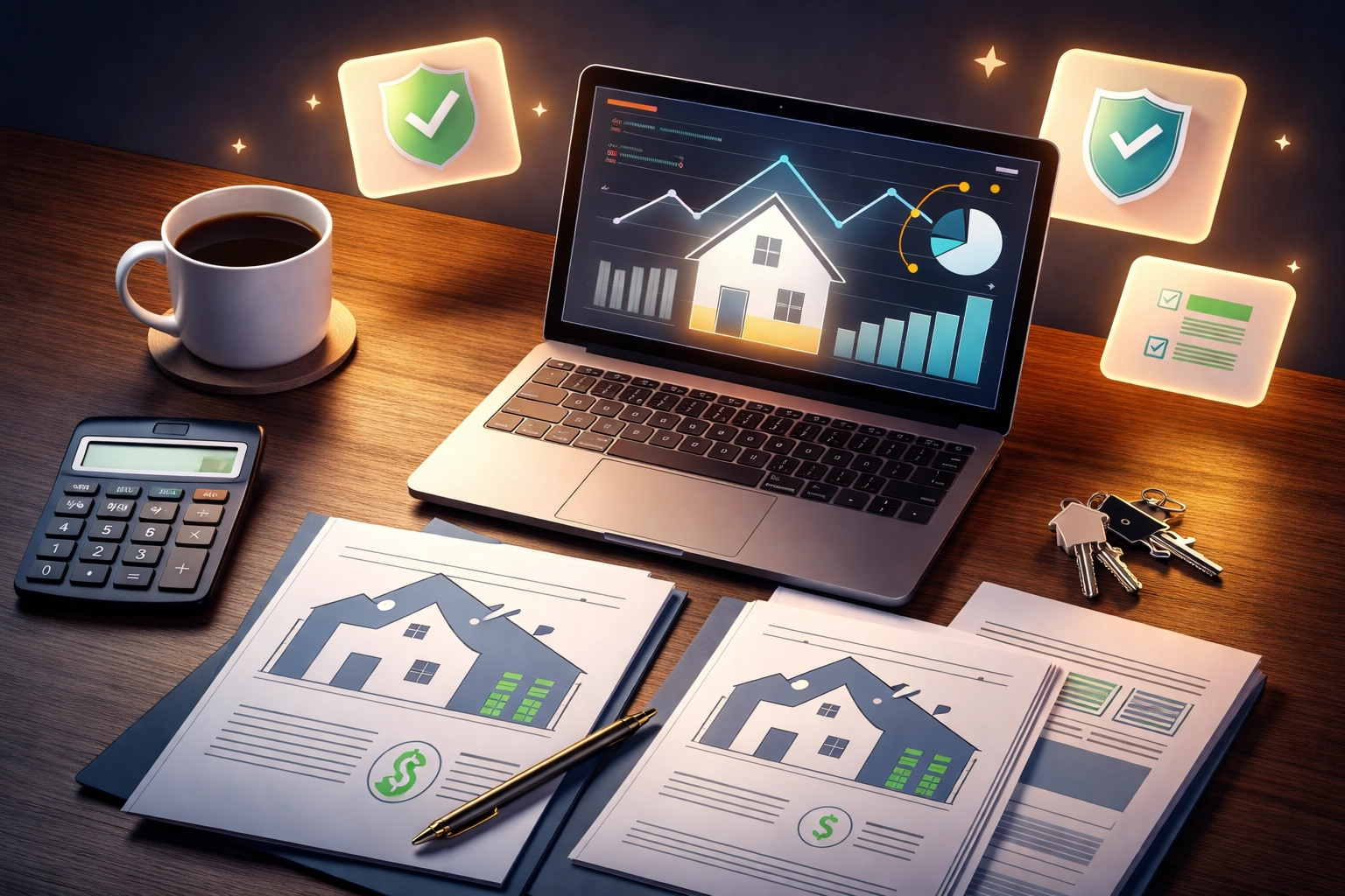 Homeowner’s desk with mortgage charts and planning tools highlighting refinancing strategies