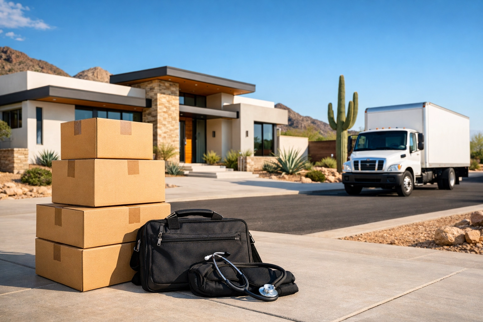 New construction home in Phoenix with moving boxes and a stethoscope, representing the Hero's Double Play move credit. New construction home in Phoenix with moving boxes and a stethoscope, representing the Hero's Double Play move credit.