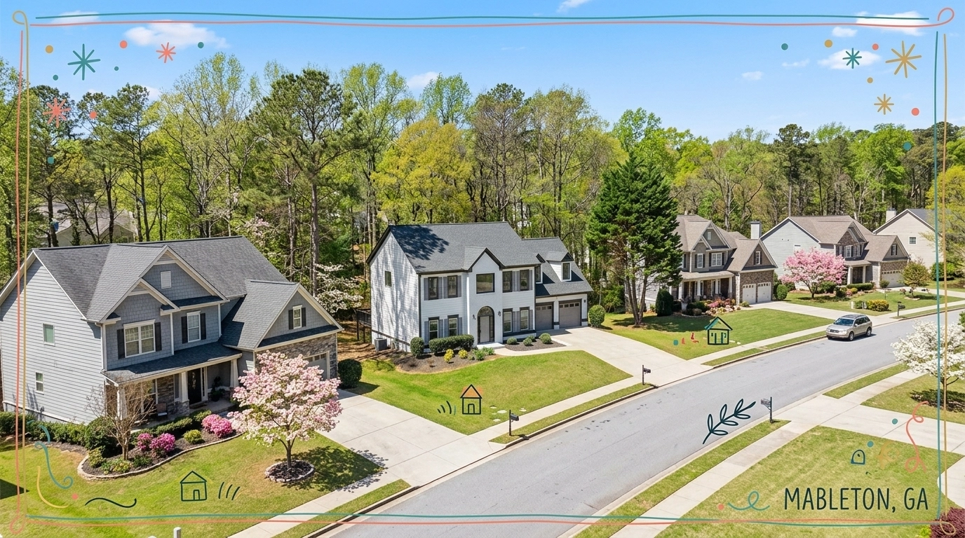 A sunlit street in Mableton featuring traditional craftsman homes and dogwood trees with hand-drawn accents