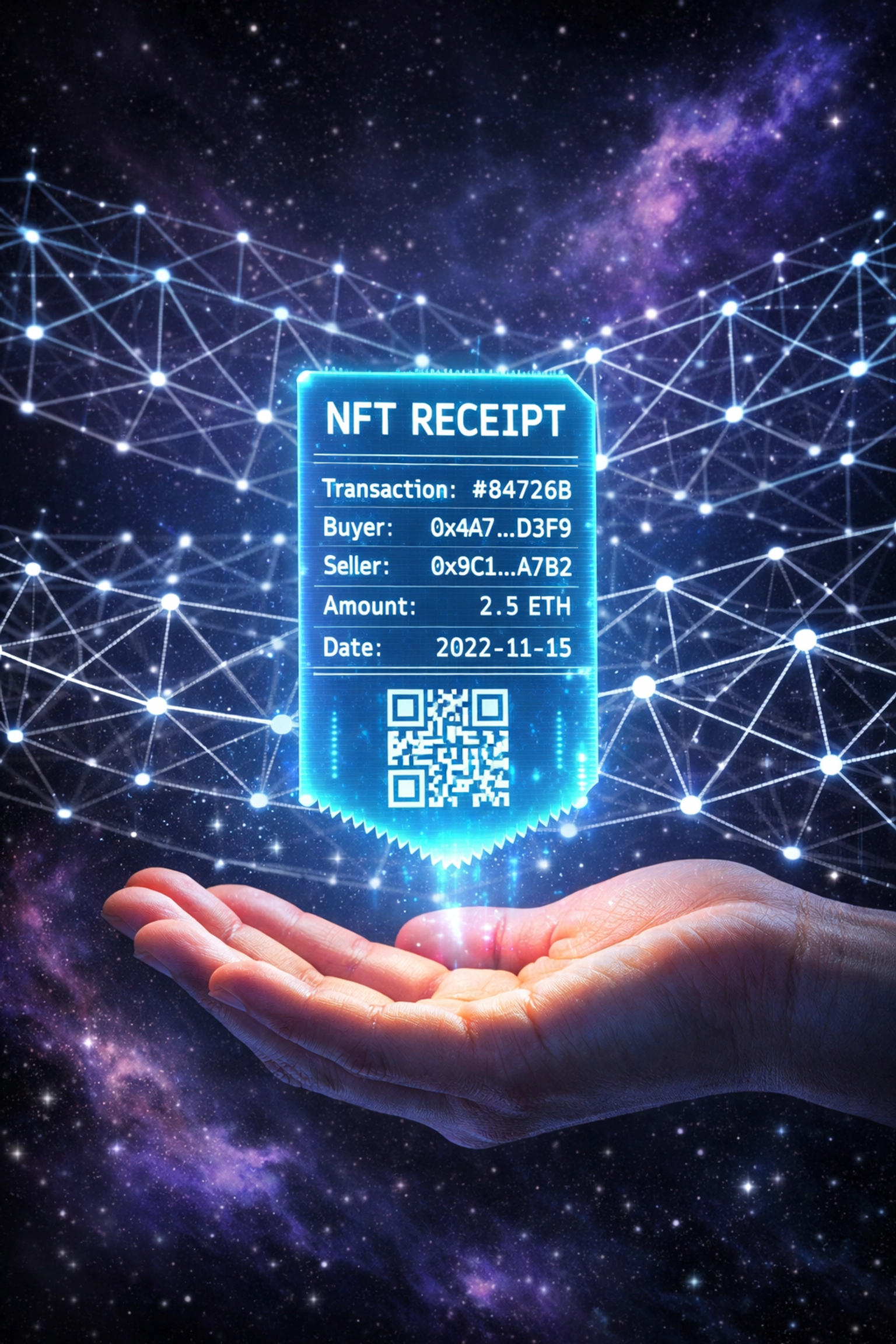 NFT receipt token on blockchain network providing permanent crypto transaction records