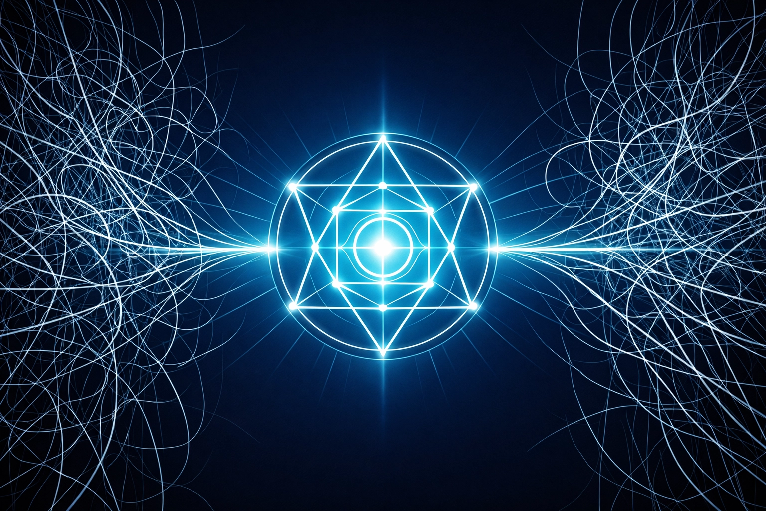 Visualizing data centralization as complex lines merging into a symmetrical glowing core for efficient workflows.