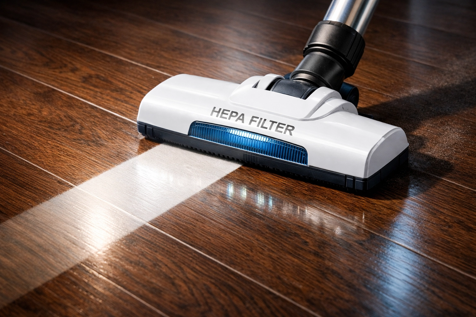 High-efficiency HEPA vacuum cleaning a dark hardwood floor to maintain a healthy home environment.
