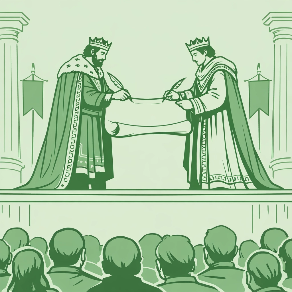 Male monarchs sign treaty before crowd in queer-majority world historical fantasy ceremony