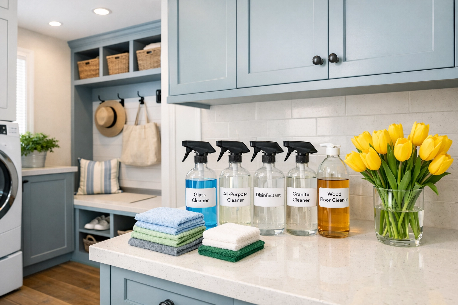 Organized Wellesley mudroom with professional cleaning supplies, representing reliable house cleaning services.