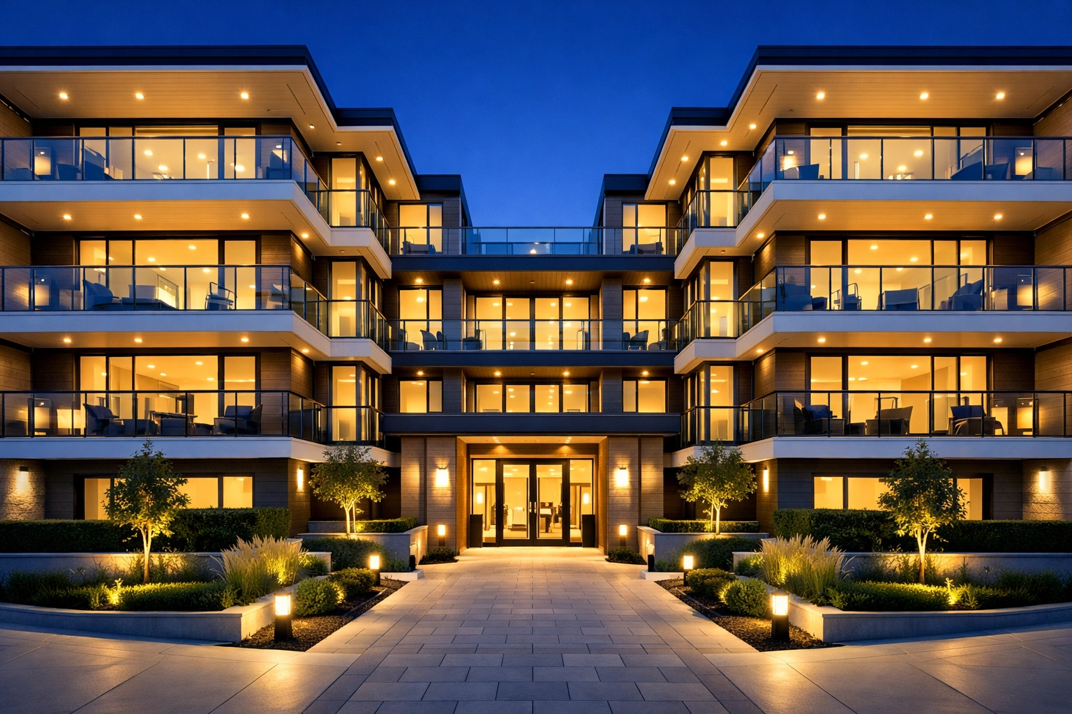 Well-maintained apartment building exterior at twilight showing high-end property management.