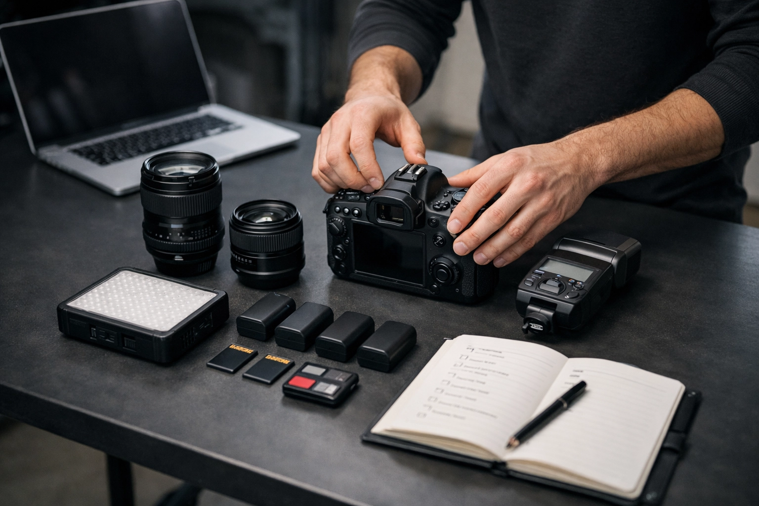Essential photography equipment and a checklist organized for a professional photographer's workflow.
