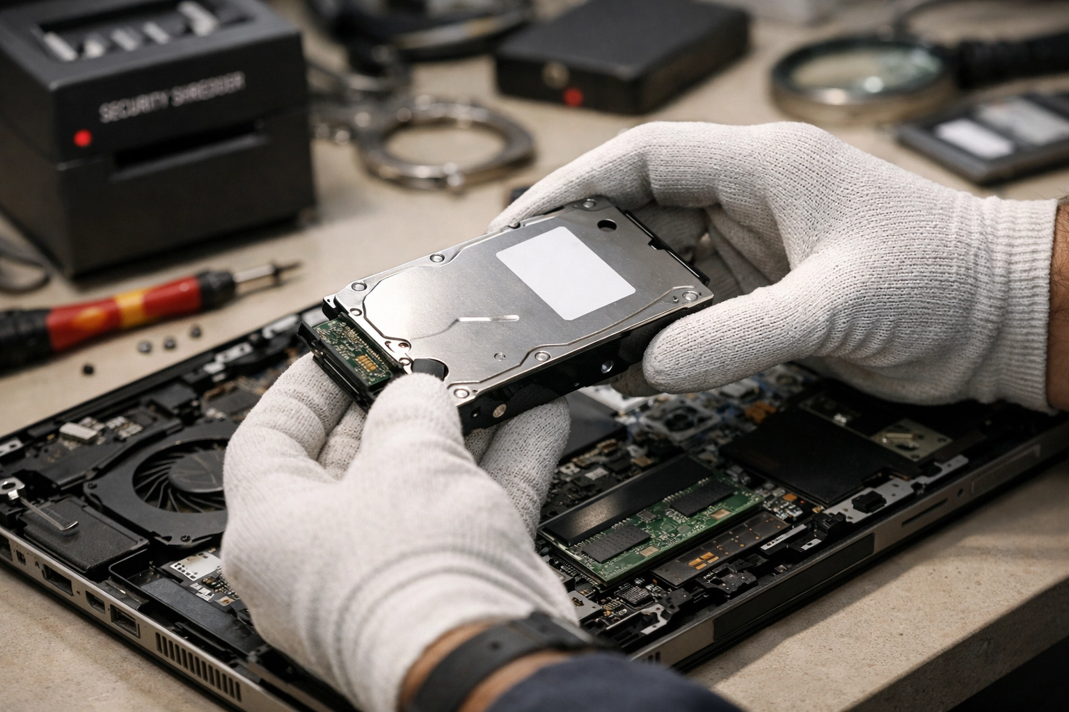 Professional data destruction technician removing hard drive from laptop for secure e-waste recycling