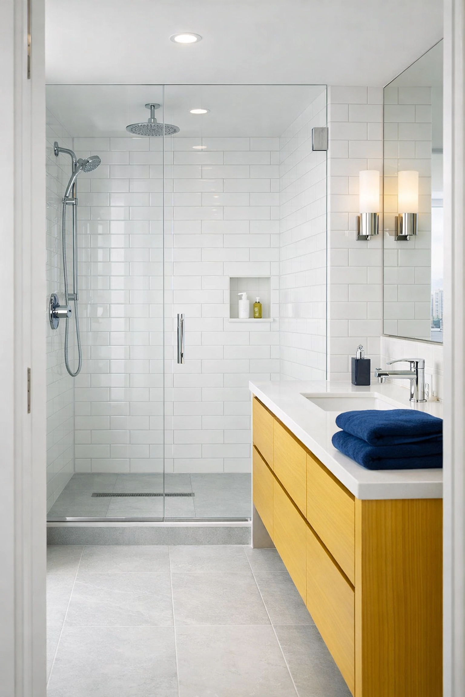 Pristine Seaport apartment bathroom featuring streak-free glass shower doors and clean subway tiles after professional cleaning.