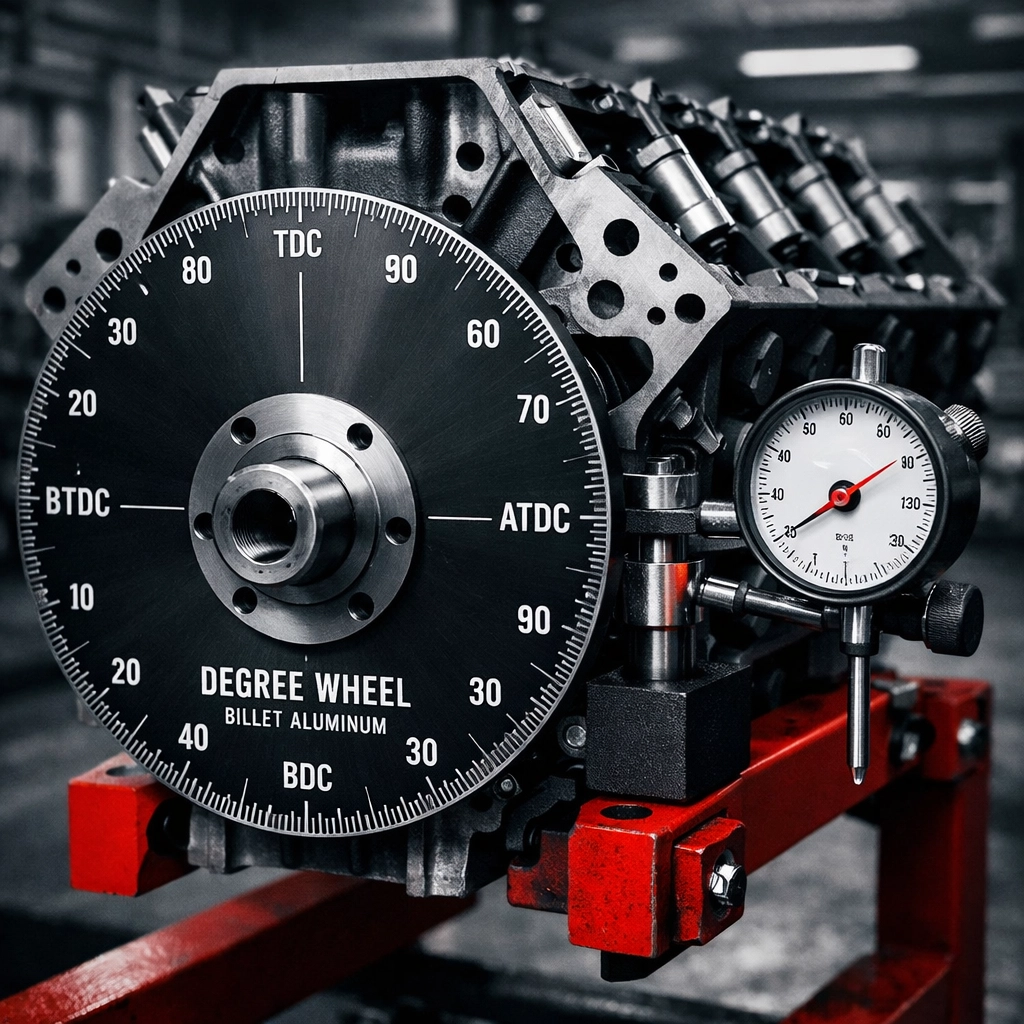 Professional engine swap shop technician using a degree wheel to verify camshaft timing on a V8 block.