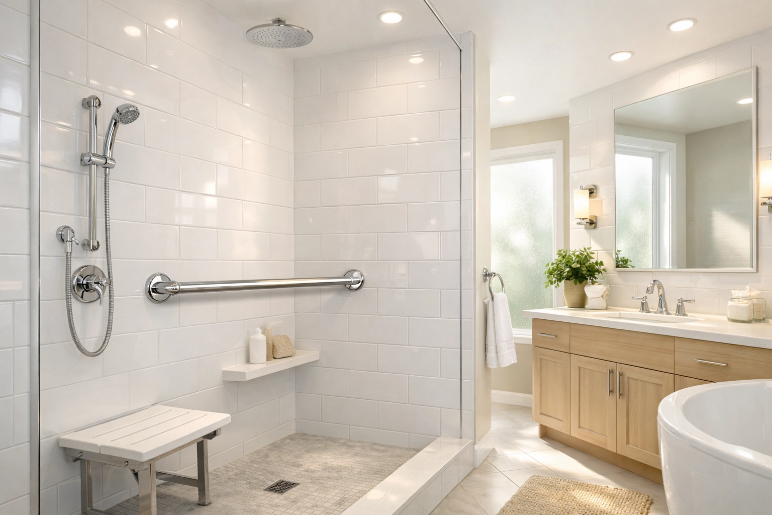 Modern walk-in shower with a sleek chrome grab bar for bathroom safety and senior fall prevention.