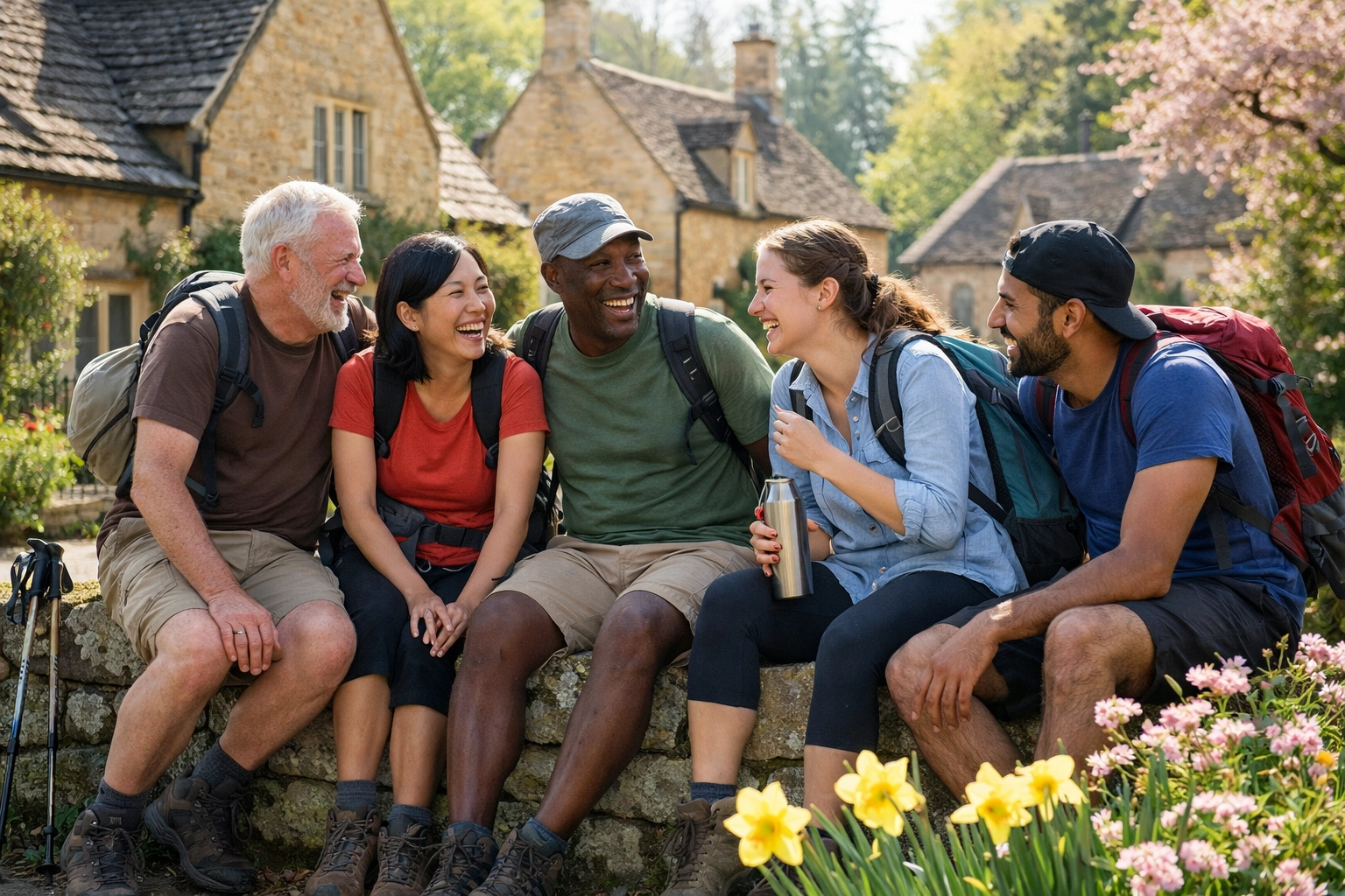 Hikers sharing a laugh while resting in a sun-drenched Cotswold village during spring.