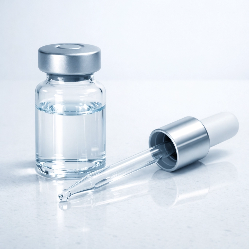 Reconstituted peptide solution mixed with Bac Water in a clear laboratory vial.