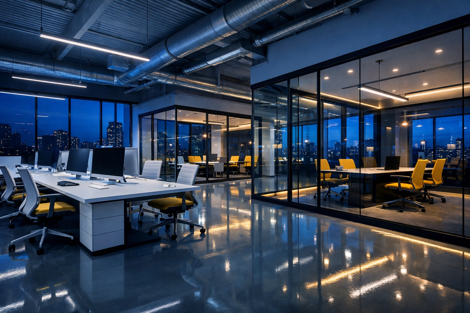 Spotless tech office interior with streak-free glass walls and professional floor maintenance.