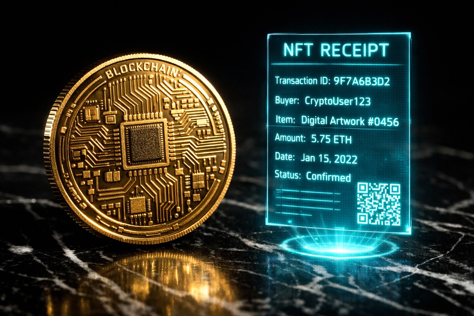 Blockchain cryptocurrency coin with holographic NFT receipt showing transaction details