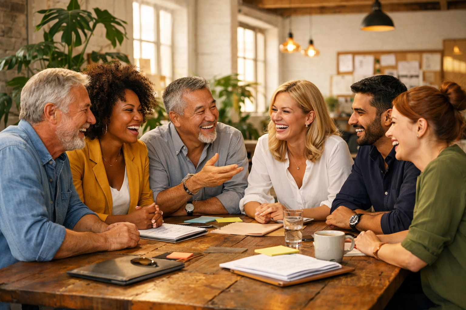 Diverse leadership team collaborating at a communal table to achieve relational breakthroughs in 2026.