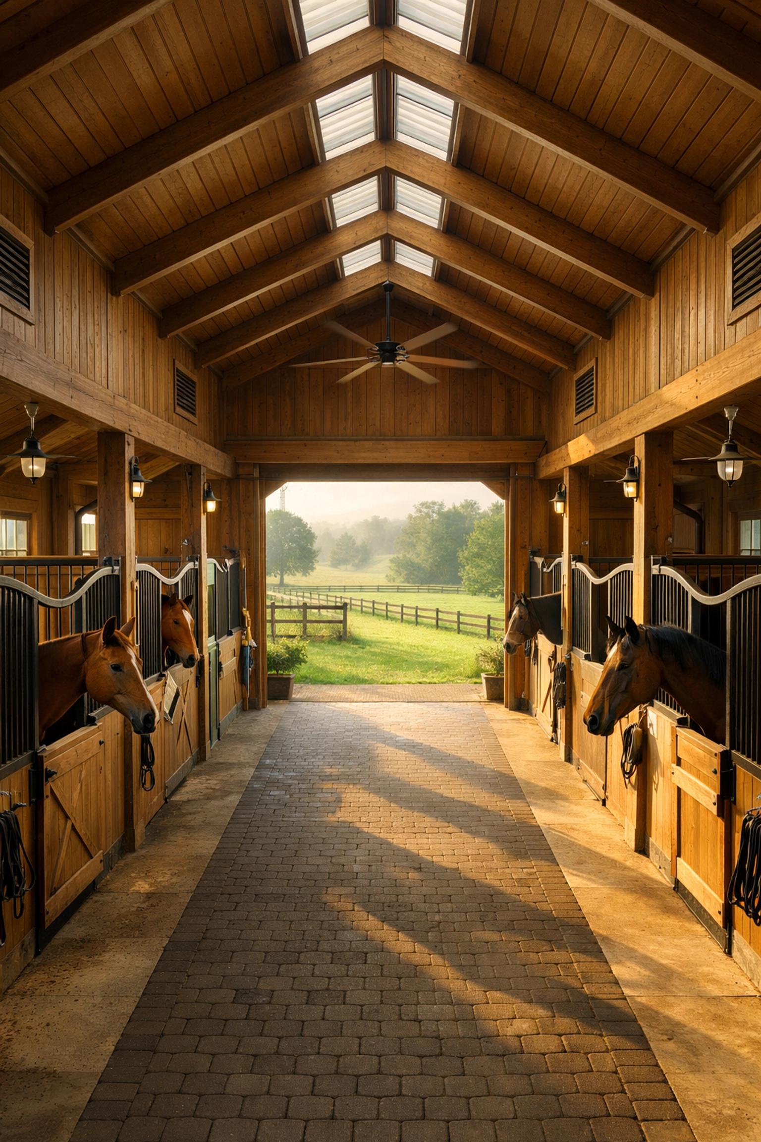 Center aisle barn interior with proper ventilation and stalls for Charlotte equestrian estates