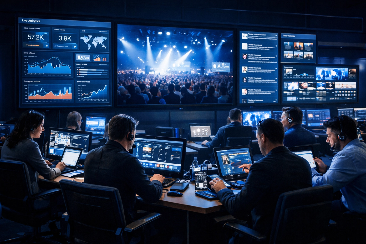 Real-time command center monitoring integrated media solutions for live venue events