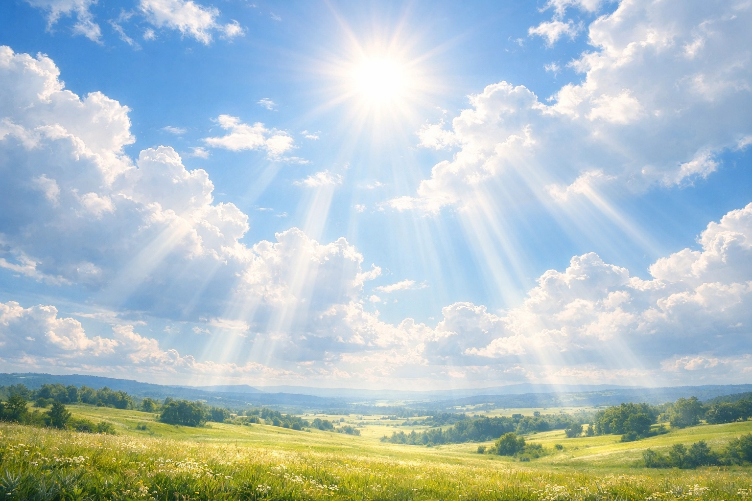 Radiant sky with sunlight piercing through clouds symbolizing the power of the Holy Spirit.