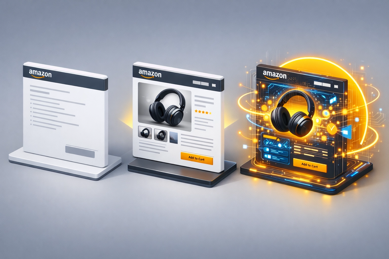 Amazon product listing optimization showing evolution from basic to AI-enhanced listing