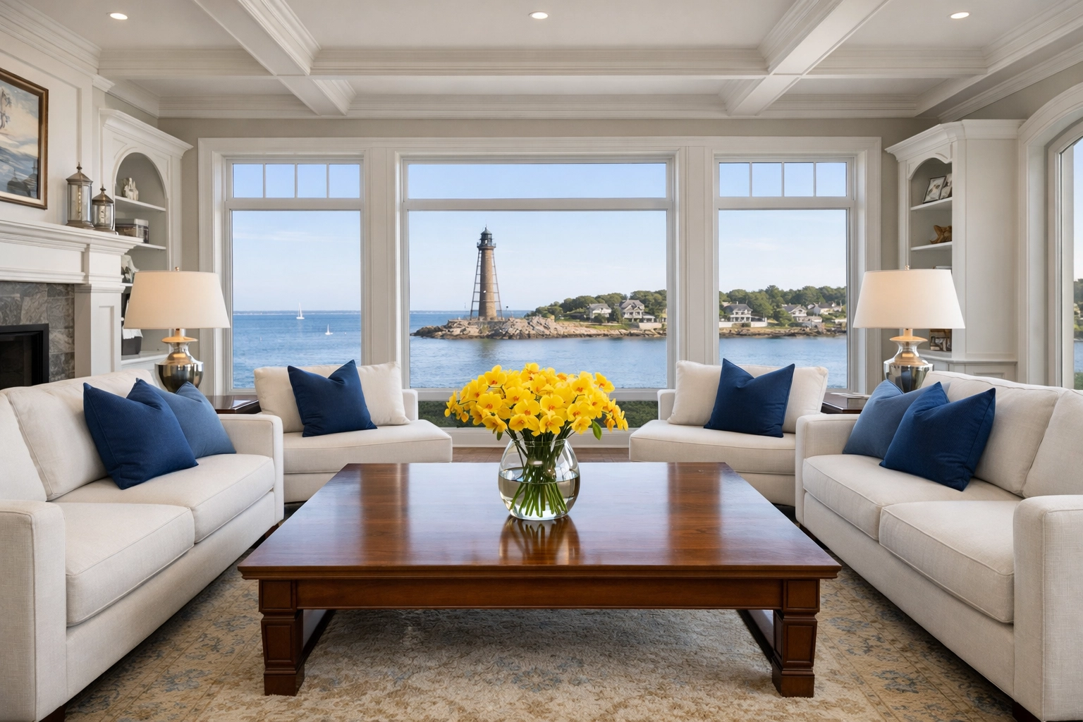 Professional luxury cleaning secrets applied to a waterfront mansion living room in Marblehead.