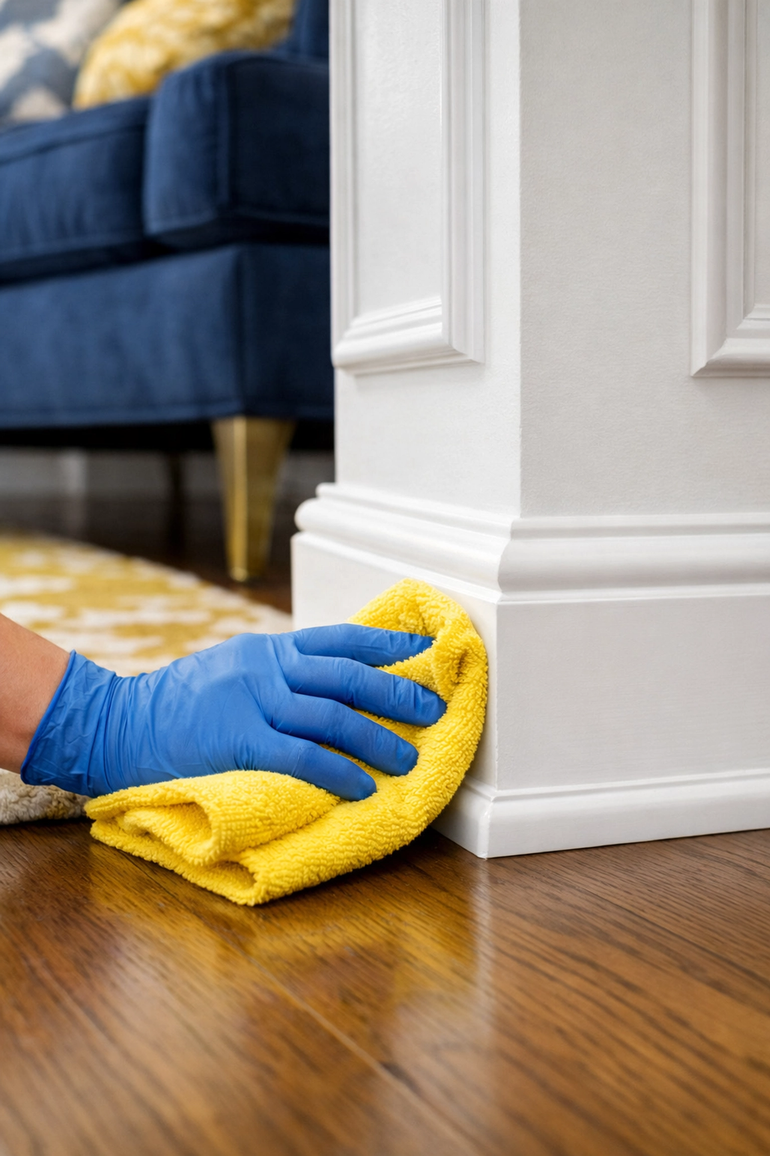 Professional cleaner wiping baseboards to remove pet dander for a safe, sanitized home environment.