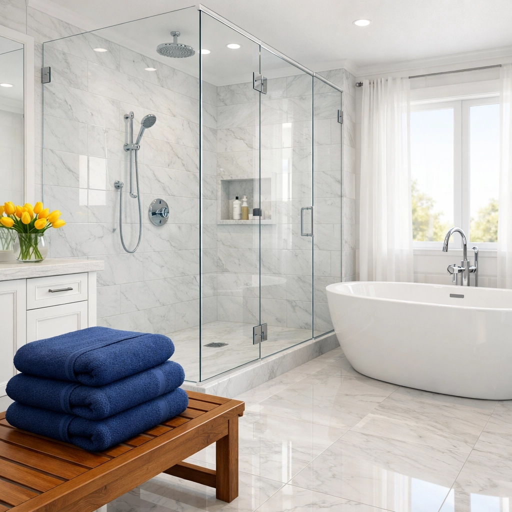 Sparkling clean modern bathroom with marble tile after deep cleaning Lowell.