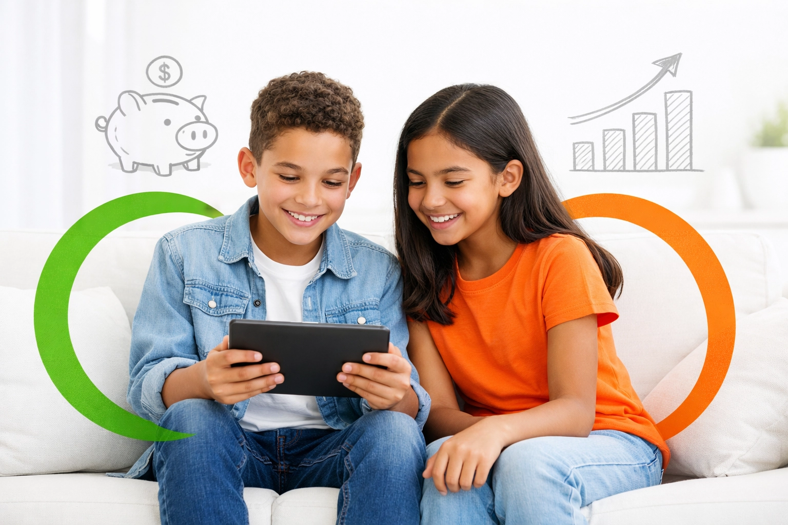 Diverse pre-teens managing money on a tablet using a life skills curriculum for kids and teens.