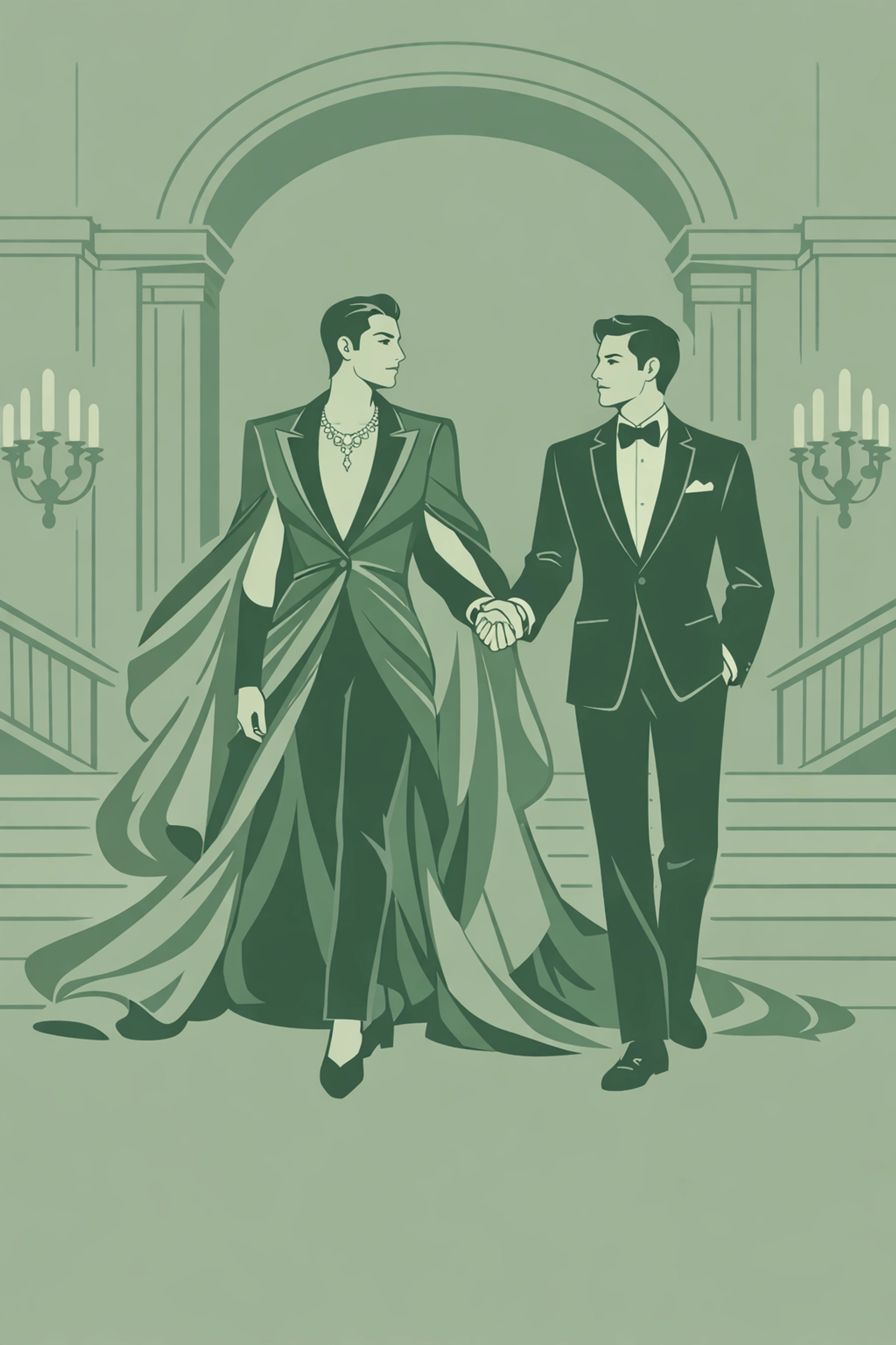 LGBTQ+ couple making bold entrance at gala in gender-bending formal attire