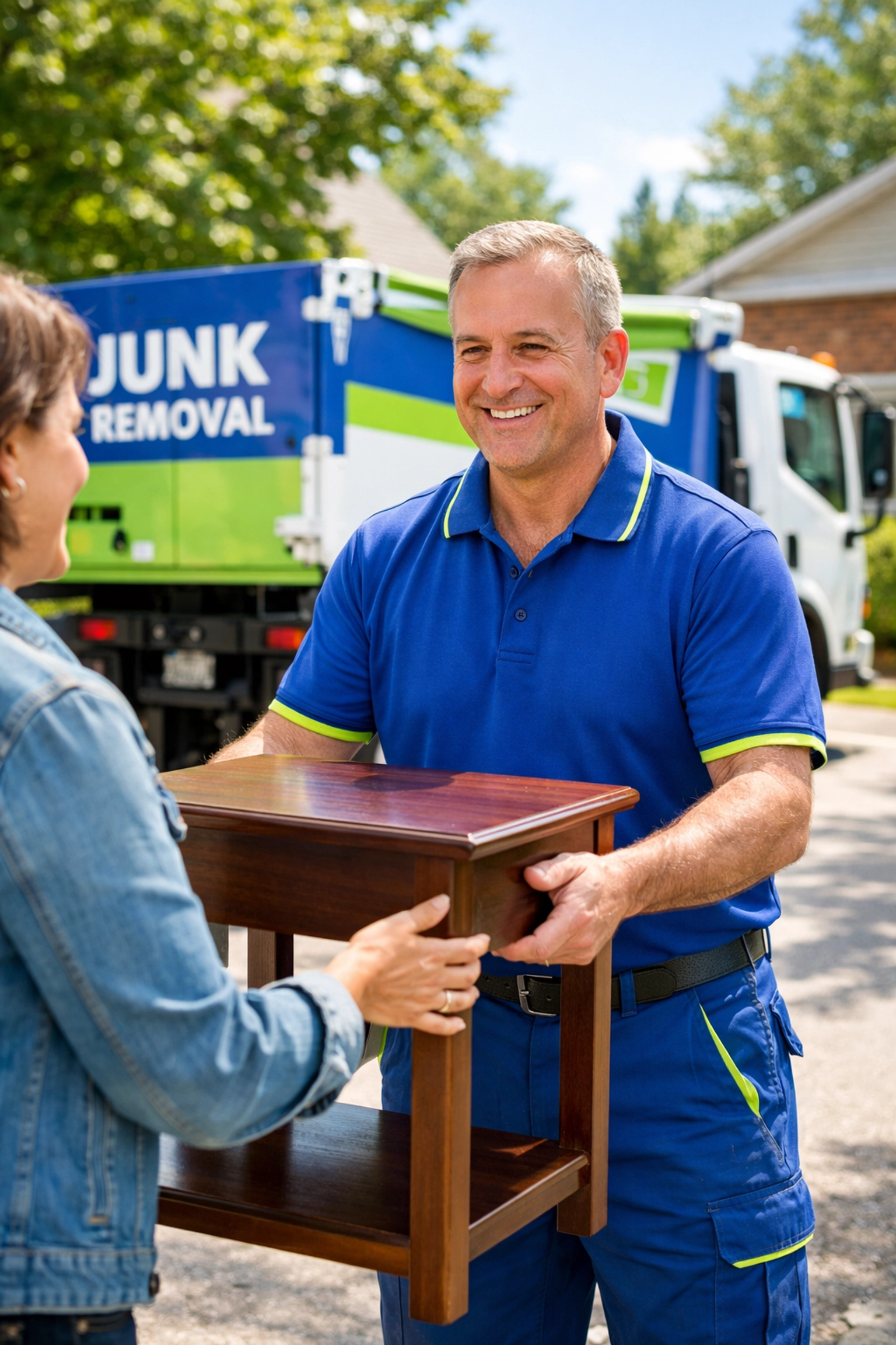 Why Eco-Friendly Junk Removal in Innisfil Will Change the Way You Handle Household Waste Junk GTA owner Roman donating a wooden table in Innisfil for eco-friendly furniture removal and reuse.