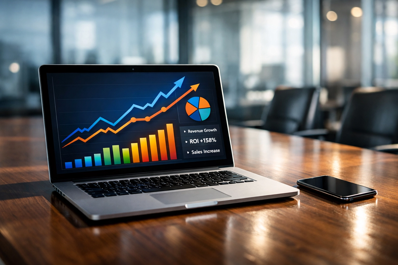Laptop displaying growth charts and ROI metrics for Super Bowl LX advertising success metrics.