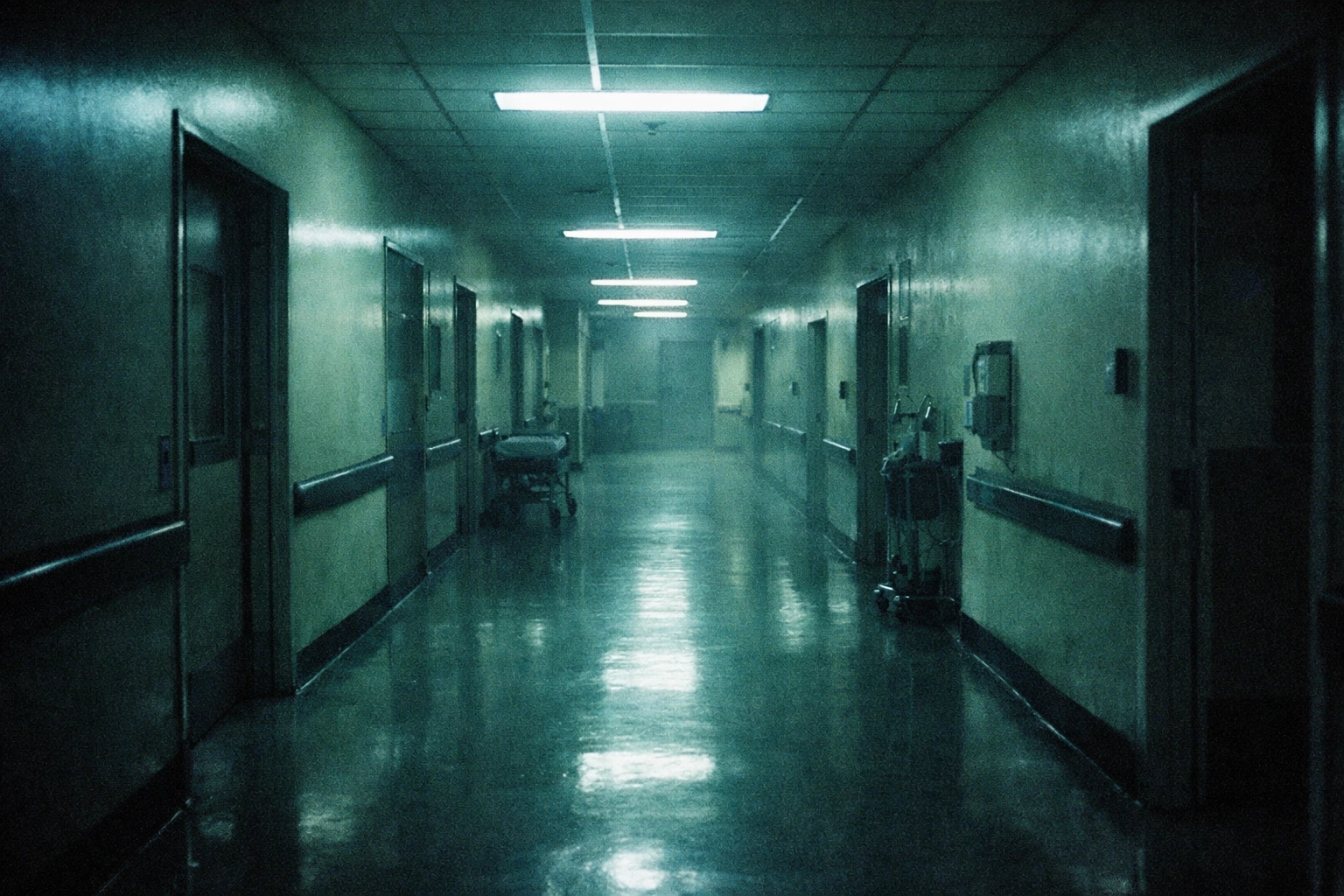 A cold hospital corridor with fluorescent light and too-clean silence—sterile authority in architecture.