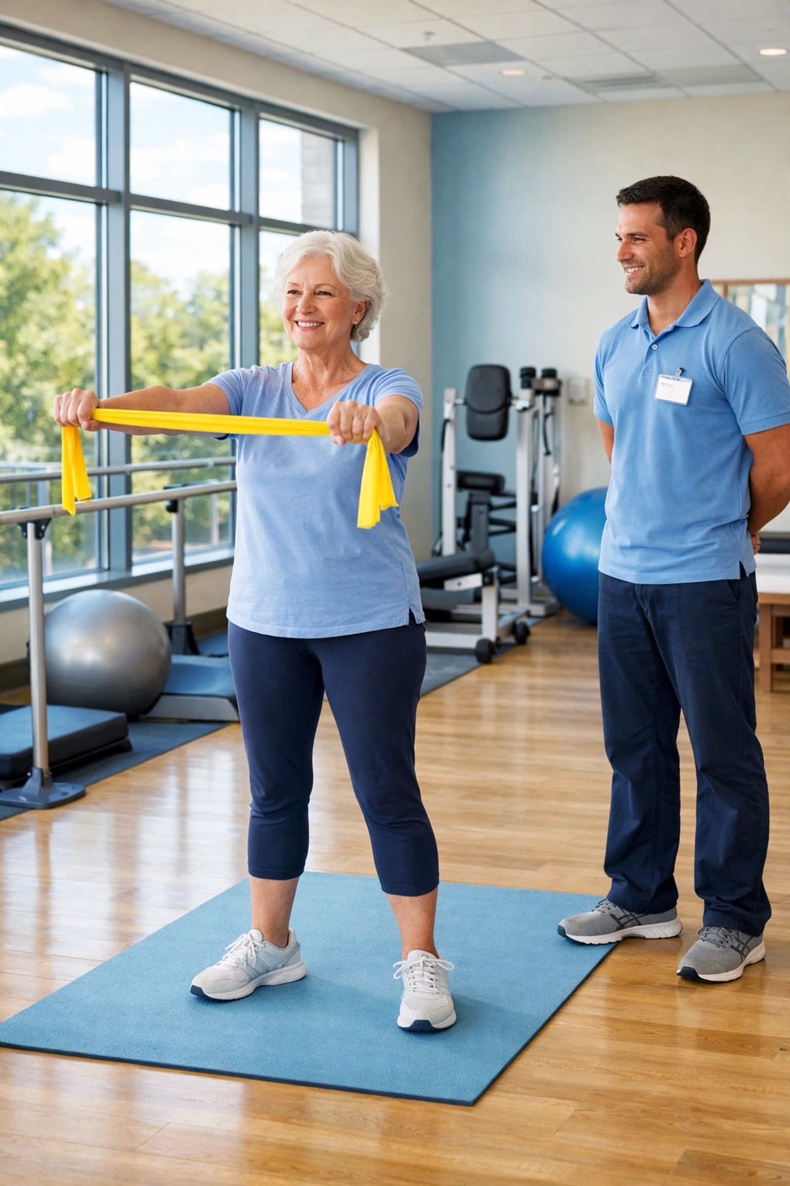 Senior woman doing physical therapy exercises with resistance bands for fall recovery