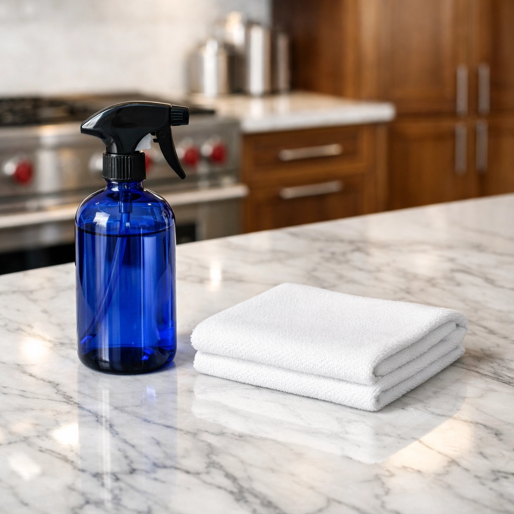 Professional House Cleaning Westford featuring a marble kitchen island and deep cleaning supplies.