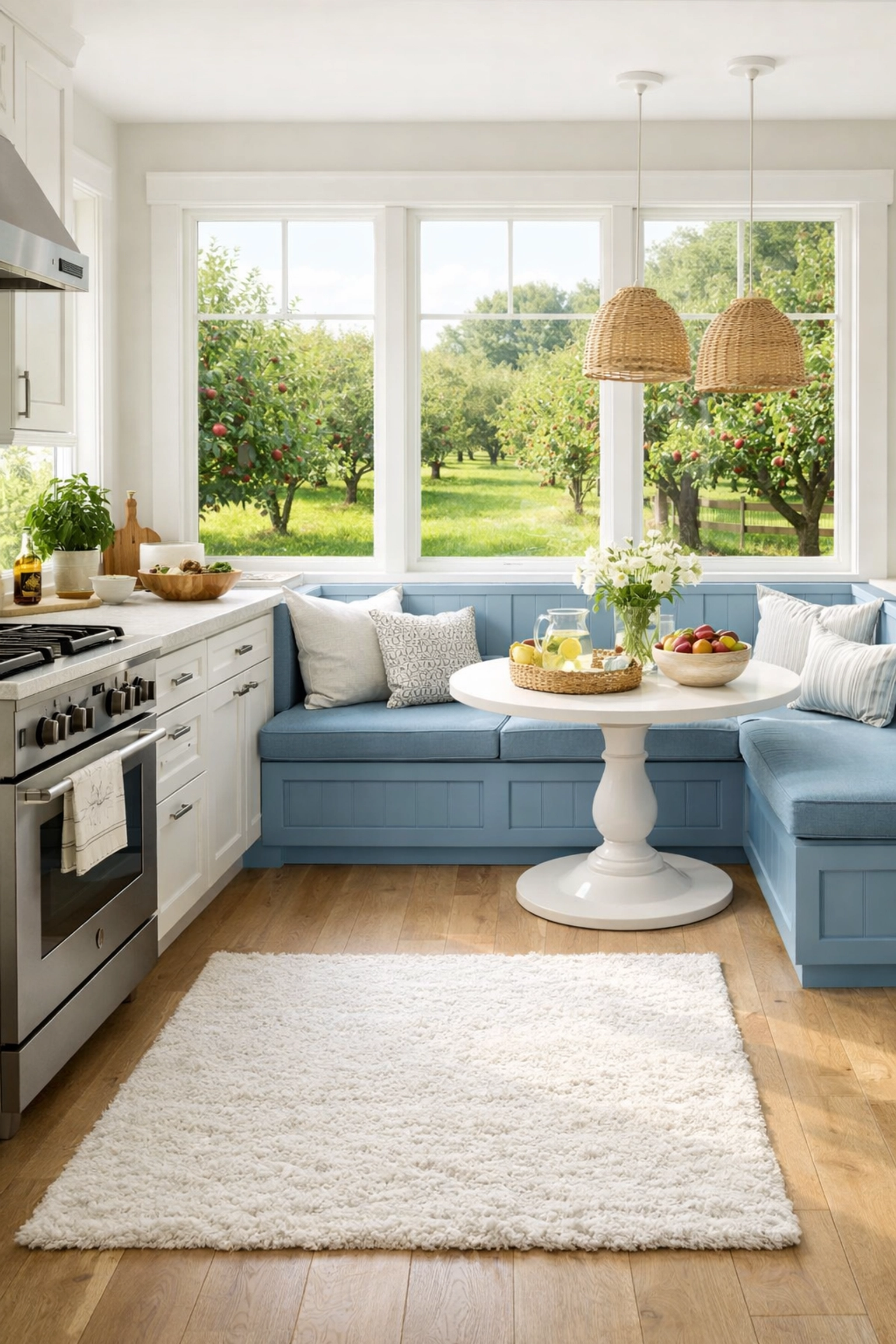 Clean, eco-friendly kitchen in Stow, MA with a fresh view of a local orchard.