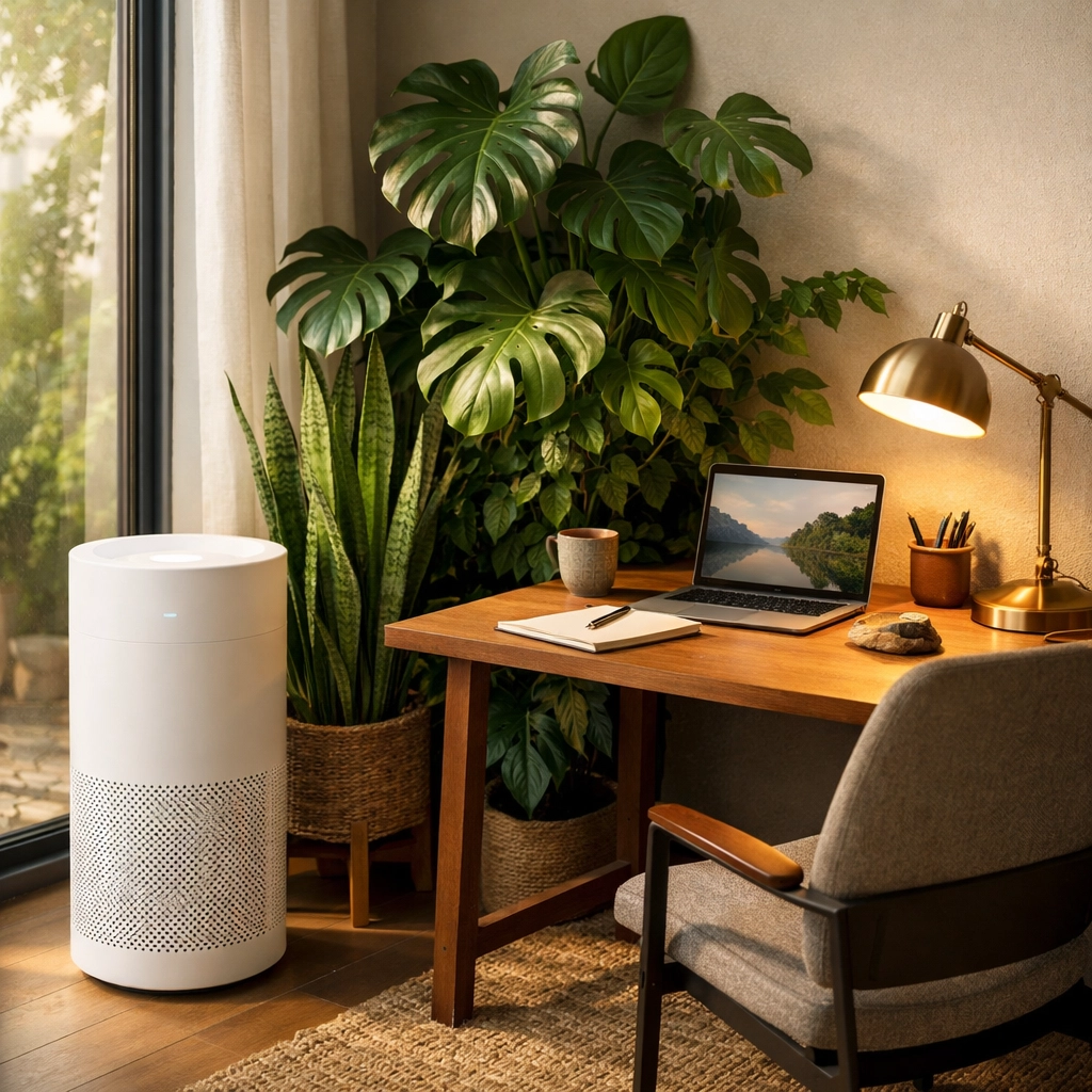 Healthy home office environment featuring indoor plants and an air purifier for better air quality.