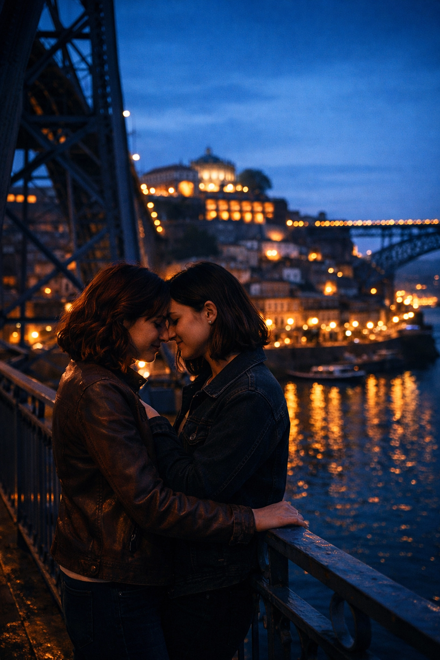 Romantic lesbian couple embracing on the iconic Luís I Bridge in Porto, overlooking the city at twilight.