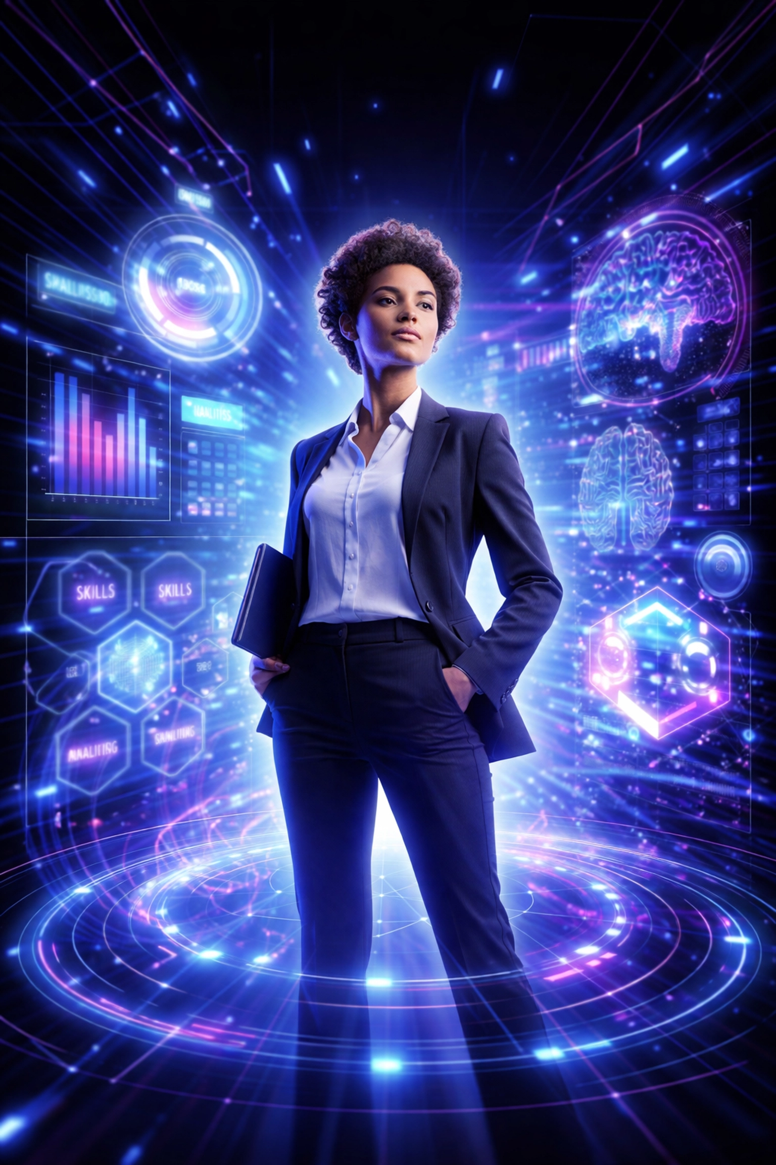 Confident young professional surrounded by glowing AI assessment interface, symbolizing data-driven hiring and intelligent automation solutions.