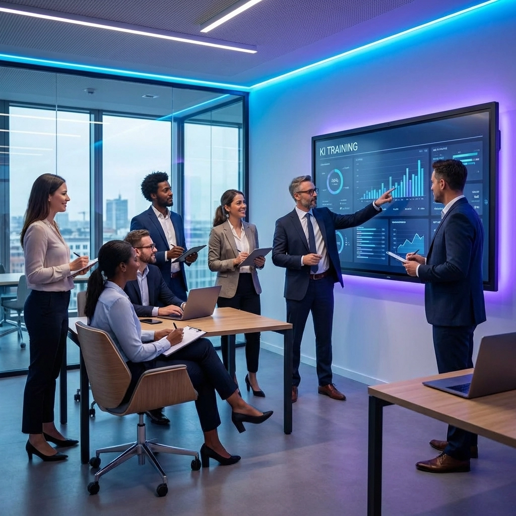 Team aus Geschäftsleuten bei KI-Schulung im modernen deutschen Büro zur Stärkung von KI-Kompetenz in Unternehmen