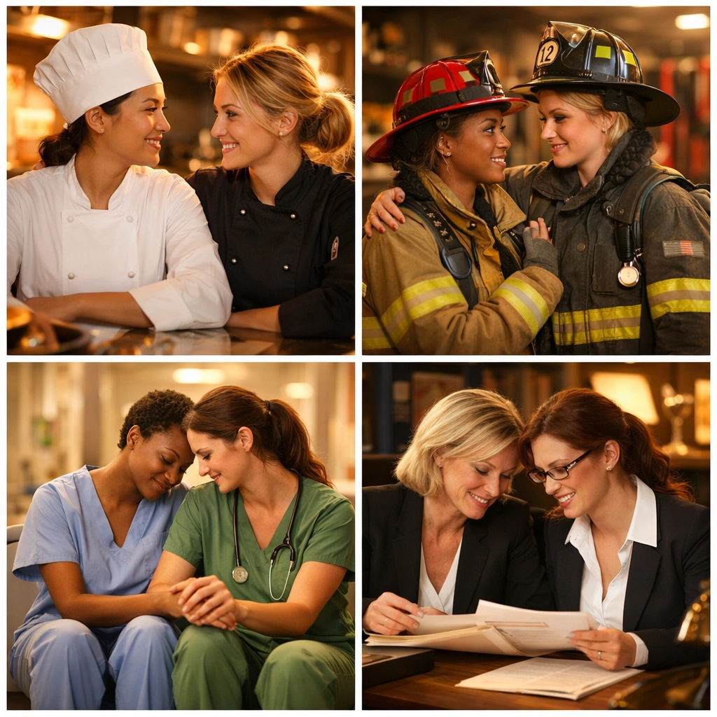 LGBTQ+ professionals in various careers: chefs, firefighters, nurses showing workplace romance