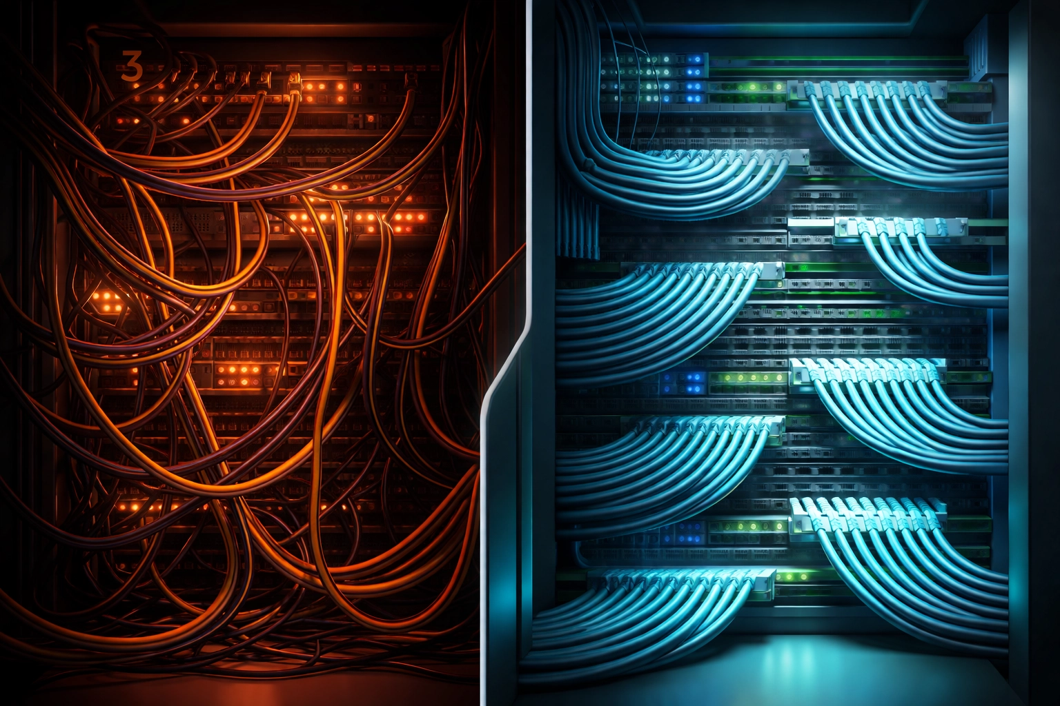 Side-by-side comparison of chaotic traditional network cabling versus streamlined structured cabling services