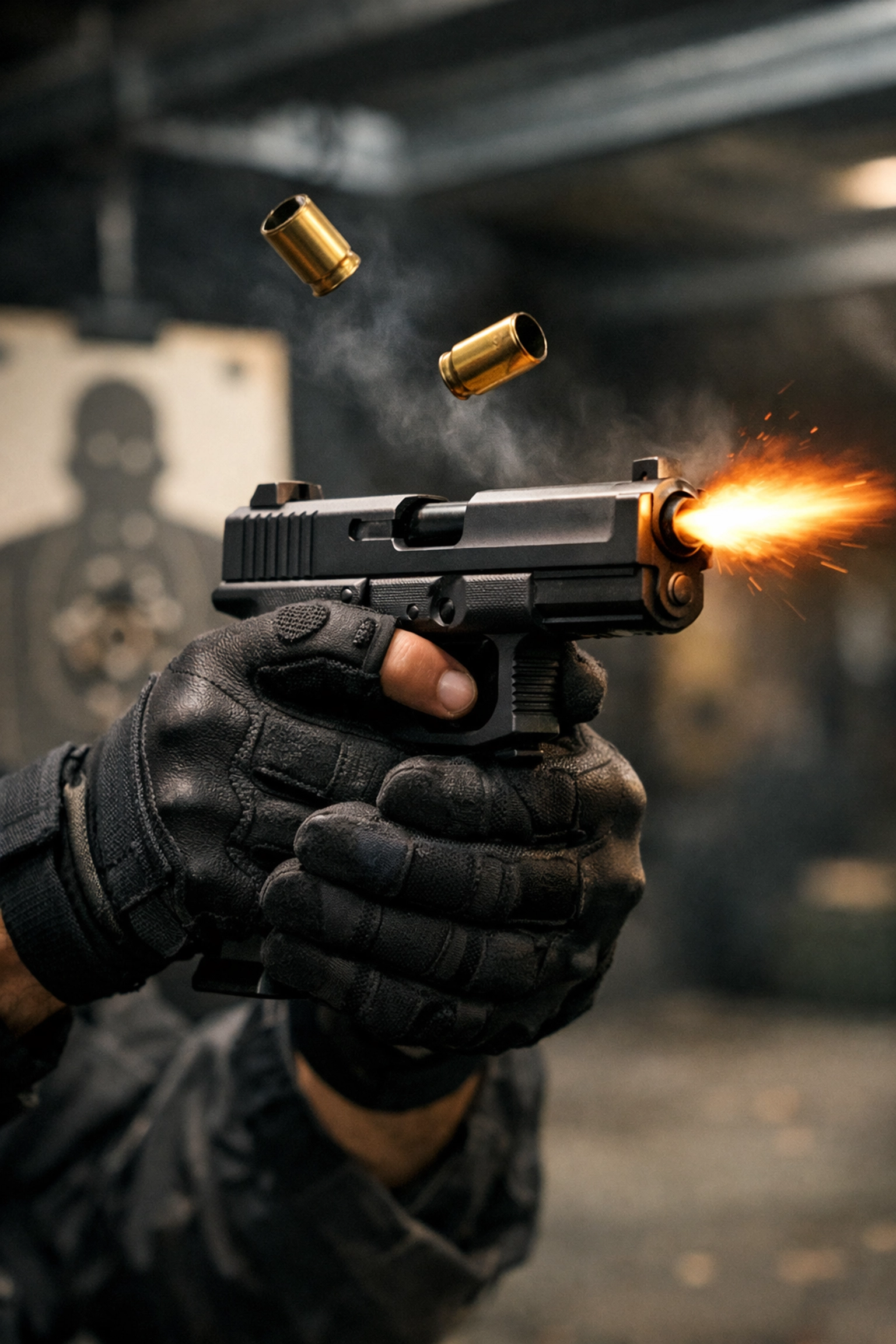 Live fire pistol training session at Medellin shooting range with brass casings
