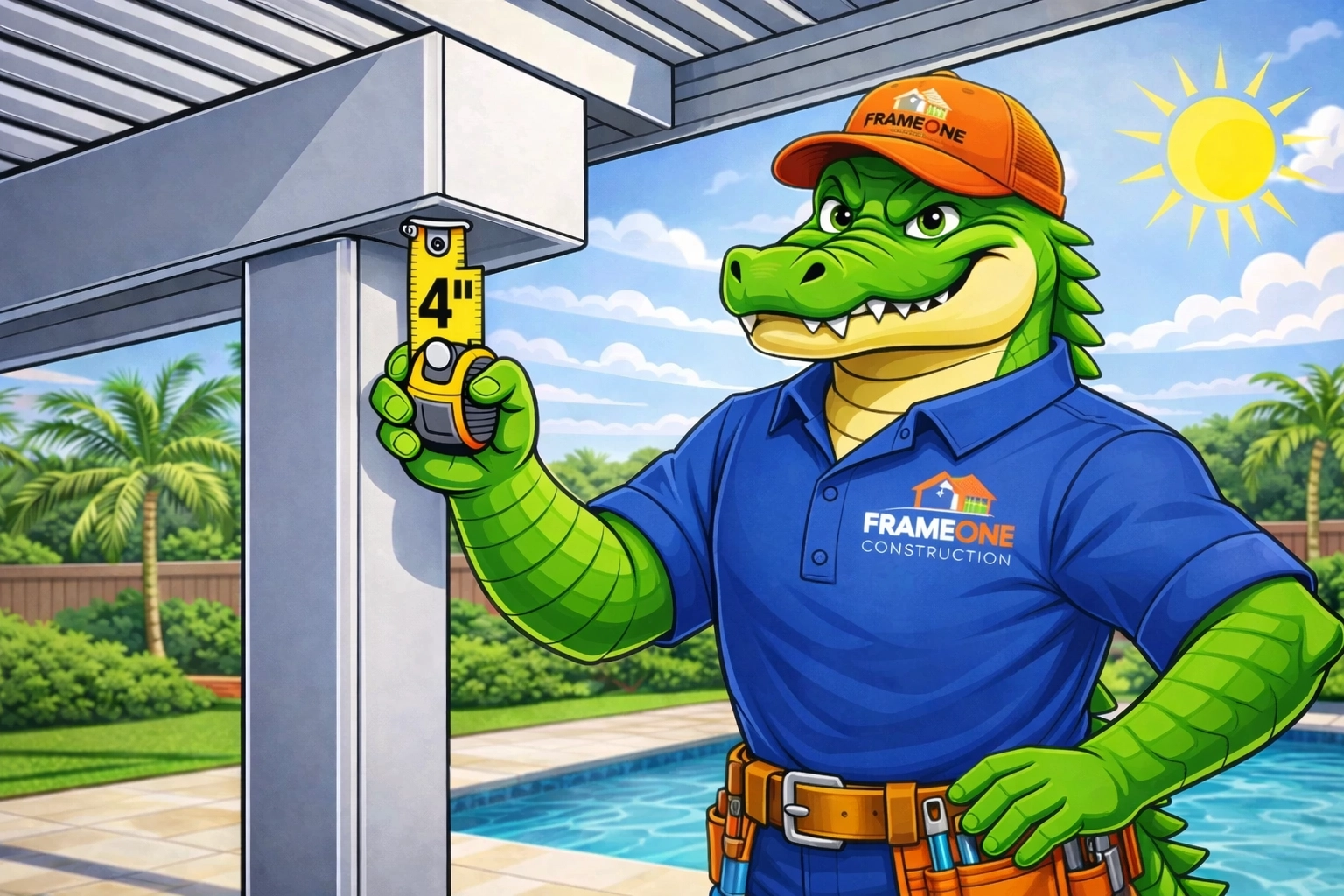 FrameOne mascot Al E. Gator measuring a heavy-duty aluminum pergola post designed for Florida wind zones.