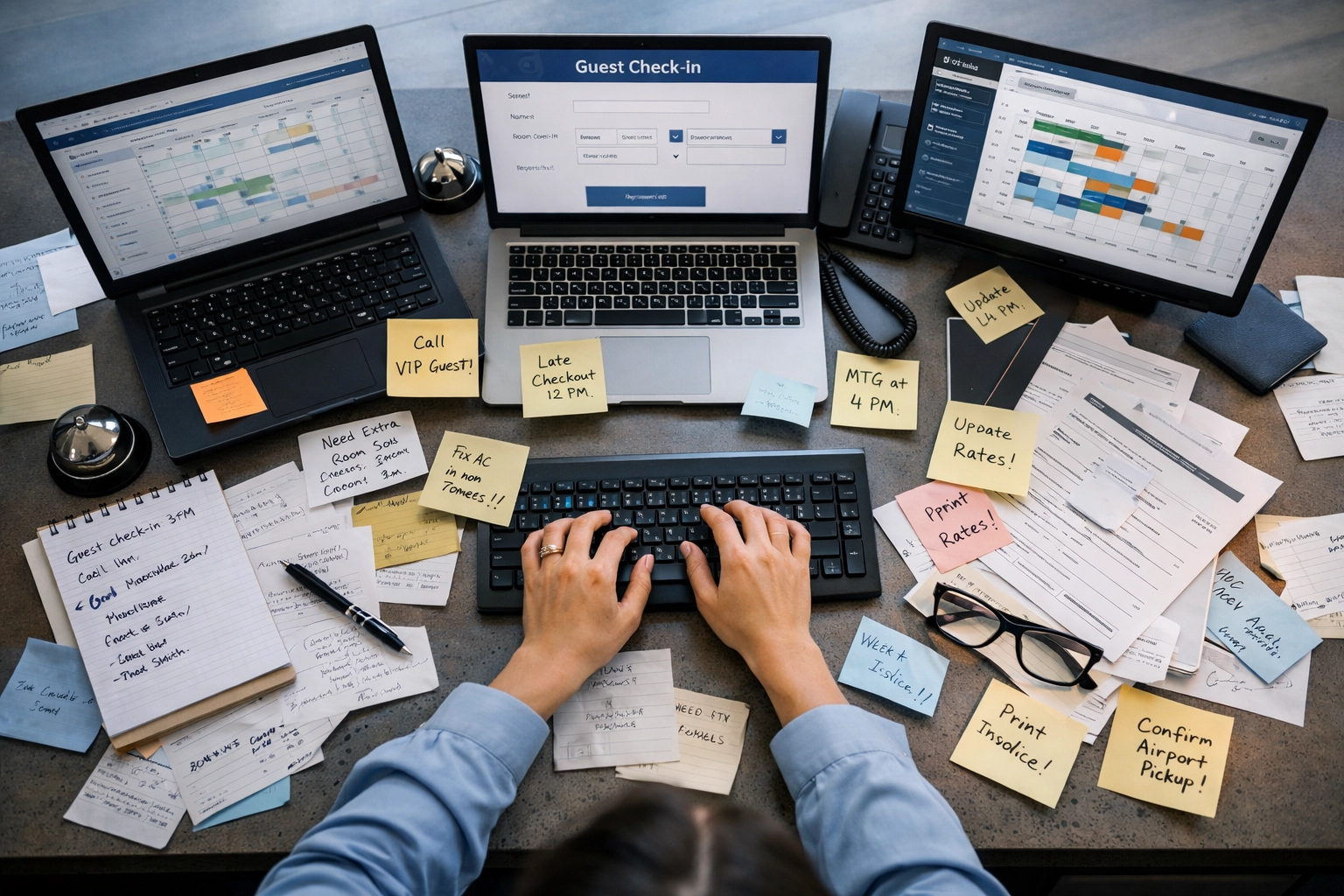 Hotel front desk overwhelmed with manual data entry and multiple software screens