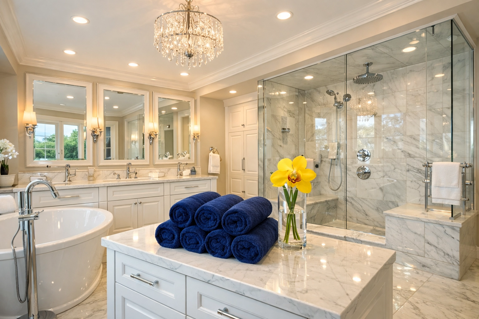 Sparkling clean master bathroom after professional hard water stain removal services.
