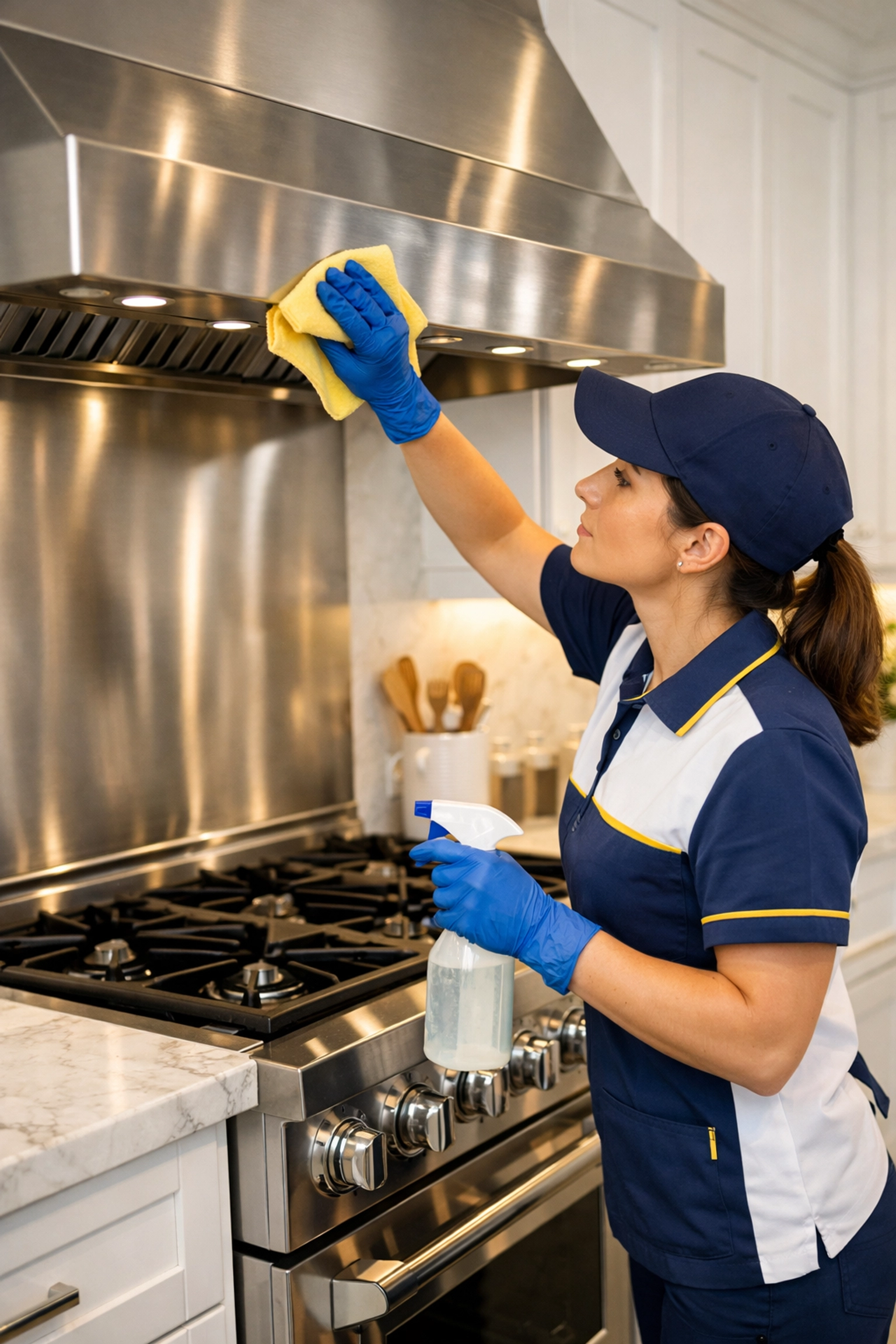 Professional cleaner degreasing a kitchen stove during a thorough deep cleaning in Marlborough, Massachusetts.