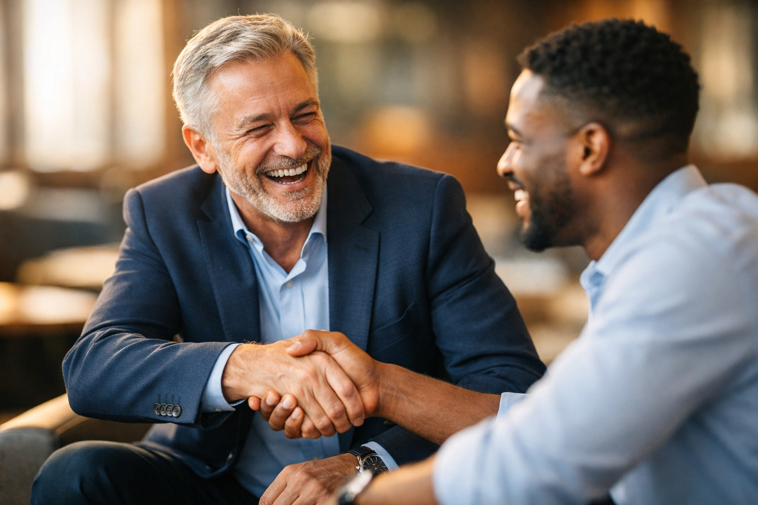 Professional handshake in a modern lounge highlighting the importance of human connection in brand building.